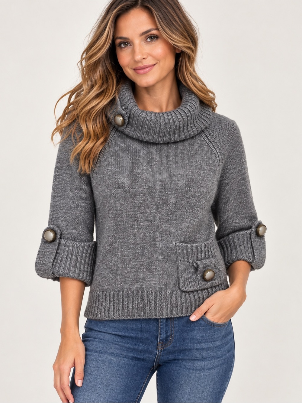 Gray Chunky Knit Cowl Neck Sweater Button Detail 3/4 Sleeve